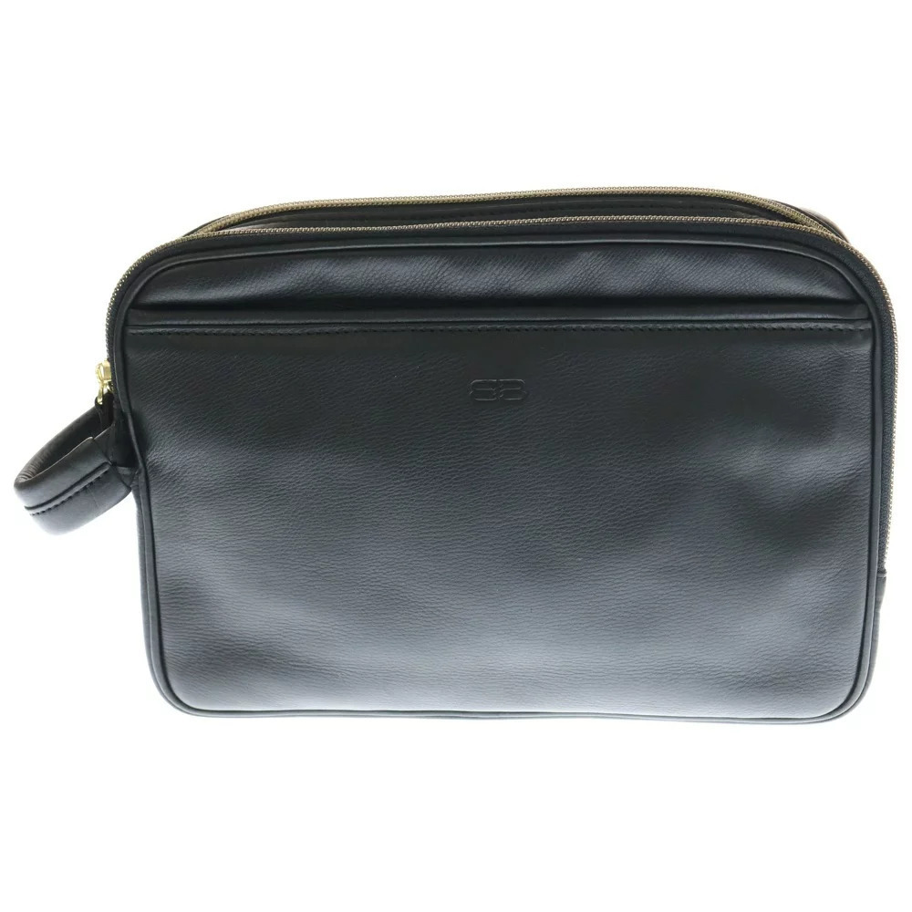 BALENCIAGA logo embossed double zip leather clutch bag handbag black